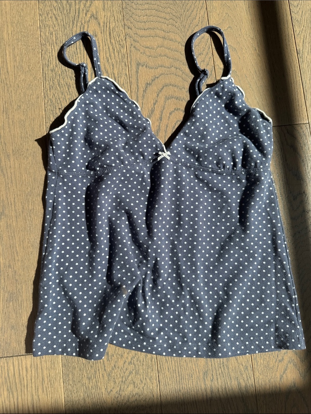 Brandy Melville blue polkadot tank with white ruffle on top
